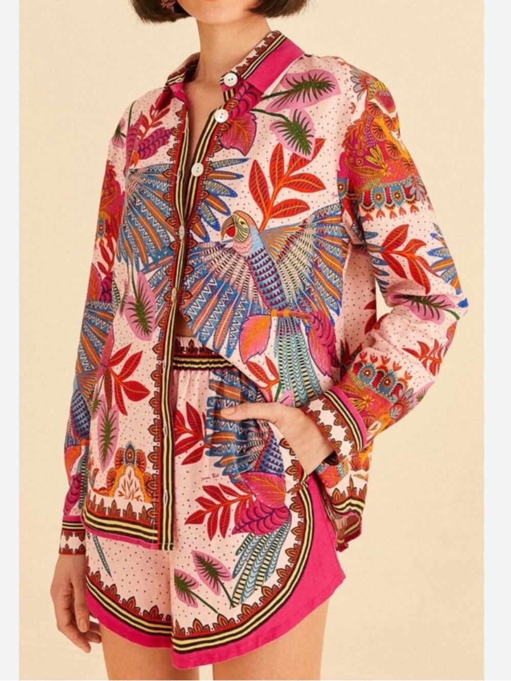 FARM RIO Macaw Scarf Linen Blend Relaxed Fit Button Up Shirt